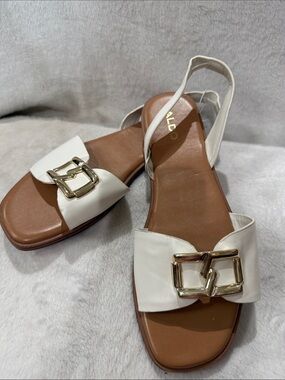 Aldo Cream/White Slingback Sandals with Gold Buckle